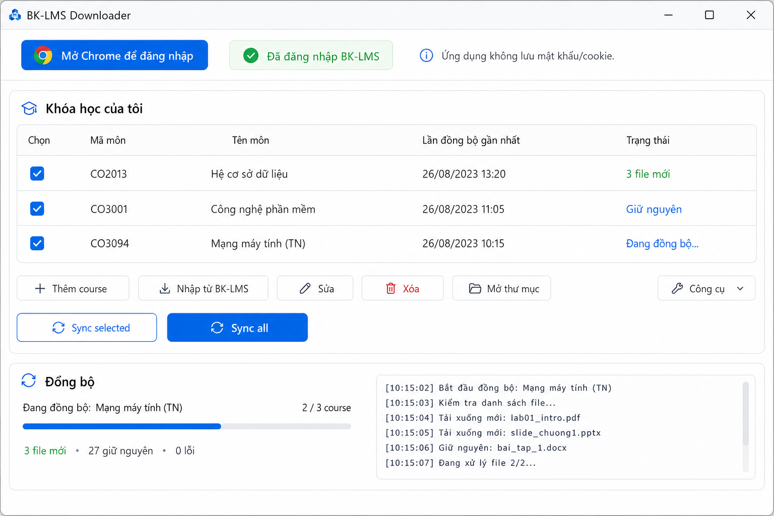 Cửa sổ BK-LMS Downloader với danh sách môn học và tiến trình đồng bộ